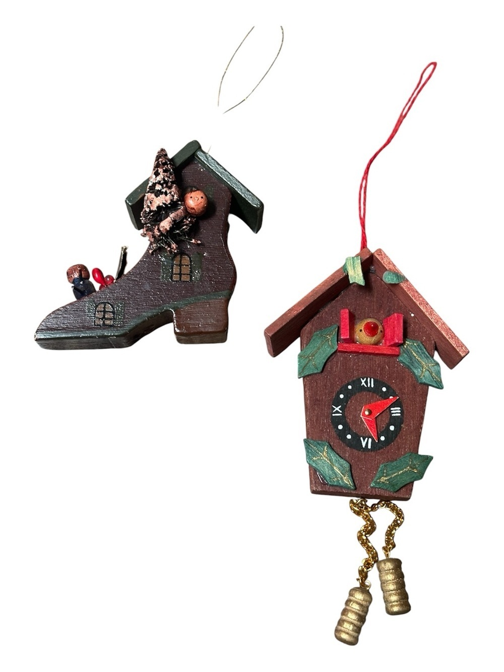 Wooden Brown Holiday Boot & Cuckoo Clock Ornaments - Set of 2